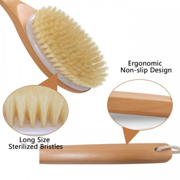 YISHUN Shower Brush with Natural Bristle - Long Bamboo Handle Bath Body Brush for Wet or Dry Brushing - Improves Blood Circulation, Exfoliating Skin-