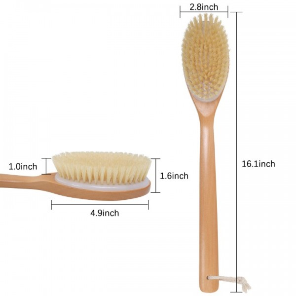 YISHUN Shower Brush with Natural Bristle - Long Bamboo Handle Bath Body Brush for Wet or Dry Brushing - Improves Blood Circulation, Exfoliating Skin-