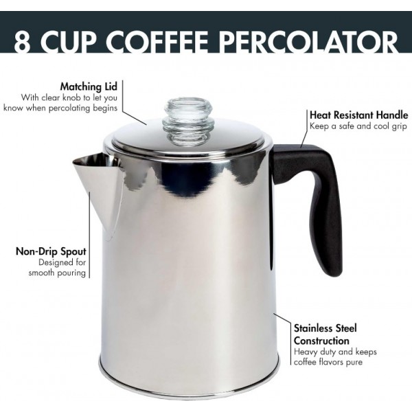 YISHUN Coffee Percolator, Premium Stainless Steel Coffee Maker with Reusable Filter Basket, Non-Drip Spout, Glass Knob Brew Indicator and Heat Resistant Handle, Dishwasher Safe, 8 Cup