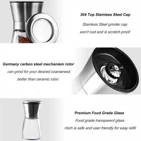 YISHUN Professional Pepper Grinder - with Germany Hardened Carbon Steel Mechanism Rotor, Refillable Pepper Mill 6OZ Glass Adjust Coarseness (1PCS-Sliver-304）