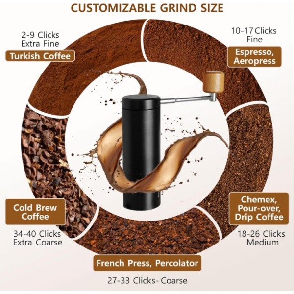 YISHUN Manual Coffee Grinder With Stainless Steel Burr - All Metal - Adjustable For Espresso, Drip Coffee, French Press - Portable Hand Coffee Grinder For Hiking, Camping - Spoon and brush included