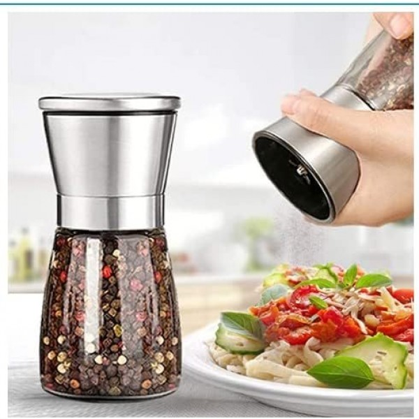 YISHUN Professional Pepper Grinder - with Germany Hardened Carbon Steel Mechanism Rotor, Refillable Pepper Mill 6OZ Glass Adjust Coarseness (1PCS-Sliver-304）