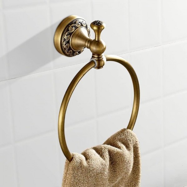 YISHUN Brass Towel Ring, Antique Retro Round Towel Holder, Wall Mounted Bath Hand Towel Rack Rail Bathroom Hardware Classical Ancient Wave Pattern Base