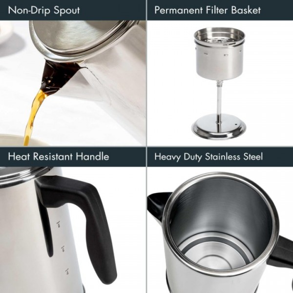 YISHUN Coffee Percolator, Premium Stainless Steel Coffee Maker with Reusable Filter Basket, Non-Drip Spout, Glass Knob Brew Indicator and Heat Resistant Handle, Dishwasher Safe, 8 Cup