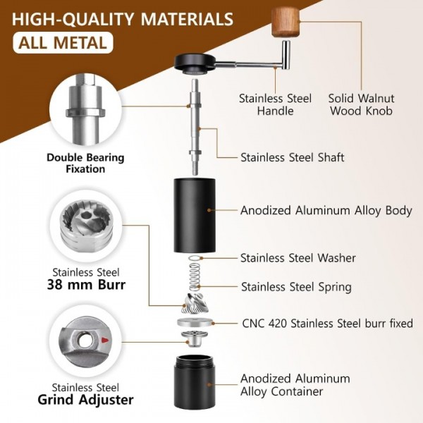 YISHUN Manual Coffee Grinder With Stainless Steel Burr - All Metal - Adjustable For Espresso, Drip Coffee, French Press - Portable Hand Coffee Grinder For Hiking, Camping - Spoon and brush included