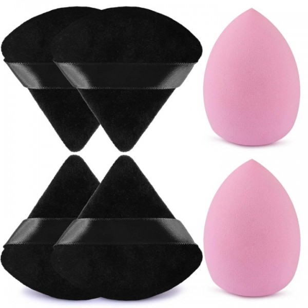 YISHUN Sponge& Powder Puff, 2pcs Beauty Makeup Sponge for Blending and 4pcs Black Triangle Velvet Powder Puff