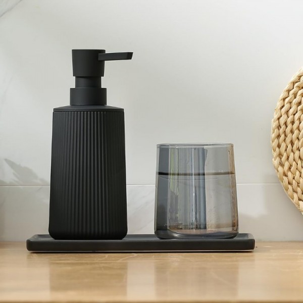 YISHUN Small Soap Dispenser for Bathroom and Kitchen, Modern Farmhouse Striped Style Plastic Hand Soap Dish Soap Dispenser with Pump Matte Black