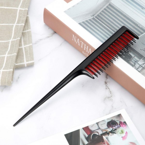 YISHUN 3 Piece Triple Teasing Comb, Rat Tail Combs for Women, Tool Structure Tease Layers Rattail Comb, Rat Tail Comb for Back Combing Root Teasing, Adding Volume, Evening Styling (Black and Red)