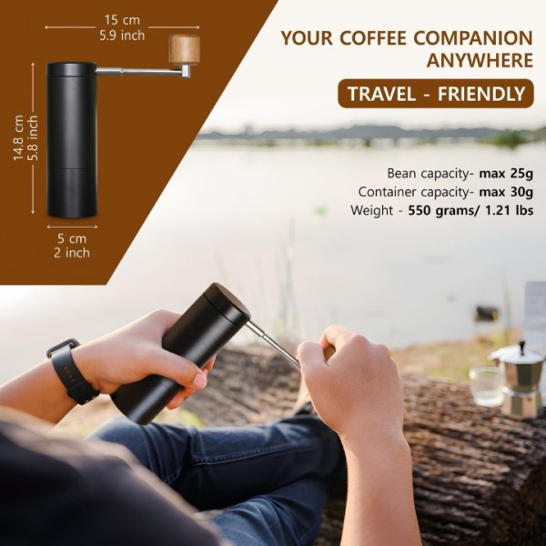 YISHUN Manual Coffee Grinder With Stainless Steel Burr - All Metal - Adjustable For Espresso, Drip Coffee, French Press - Portable Hand Coffee Grinder For Hiking, Camping - Spoon and brush included